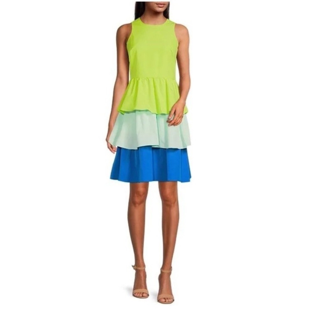 LDT Bailey color block ruffle crew neck sleeveless tiered a-line dress Size 6
